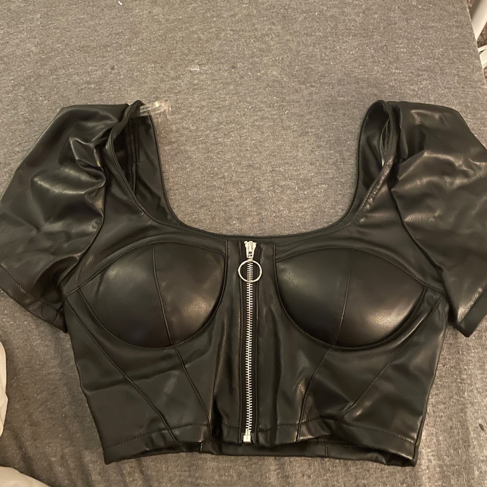 A Black Faux Leather Zip Up Crop Top